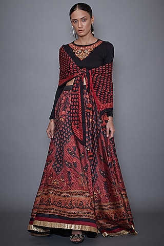 Black & Burgundy Printed Lehenga Set by Ri Ritu Kumar
