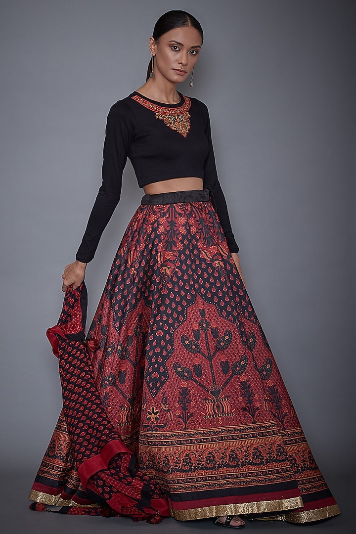 Black & Burgundy Printed Wedding Lehenga Set by Ri Ritu Kumar at Pernia's Pop Up Shop