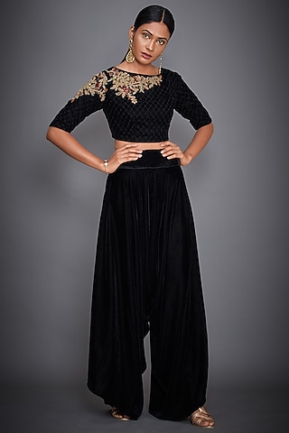 Black Embroidered Crop Top With Pants by Ri Ritu Kumar