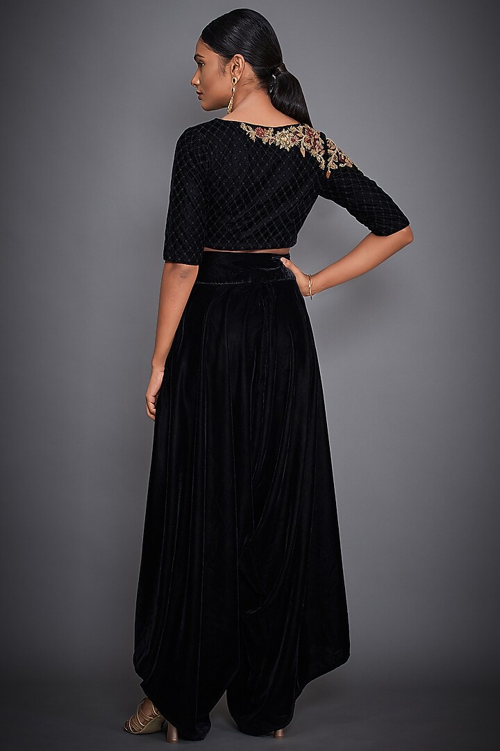 Black Embroidered Crop Top With Pants by Ri Ritu Kumar at Pernia's Pop Up Shop