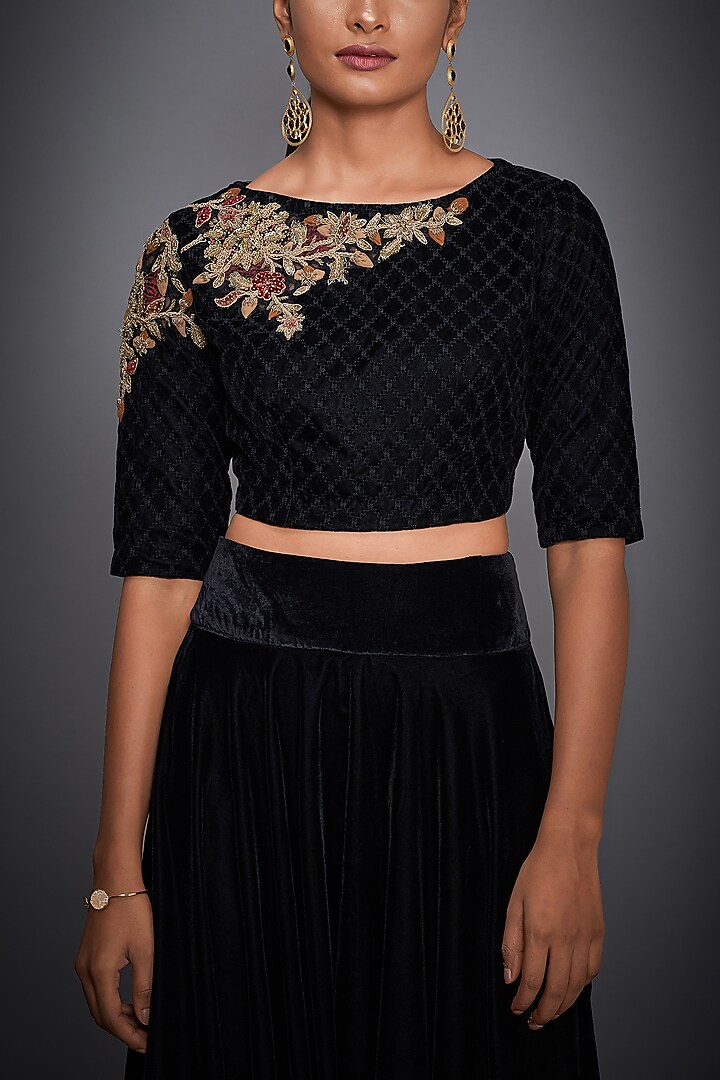 Black Embroidered Crop Top With Pants by Ri Ritu Kumar at Pernia's Pop Up Shop