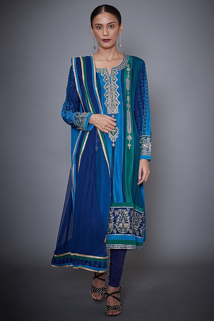 Turquoise & Bottle Green Printed Embroidered Kurta Set by Ri Ritu Kumar at Pernia's Pop Up Shop