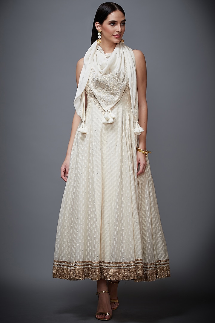 Off White Embroidered Halter Dress With Scarf by Ri Ritu Kumar