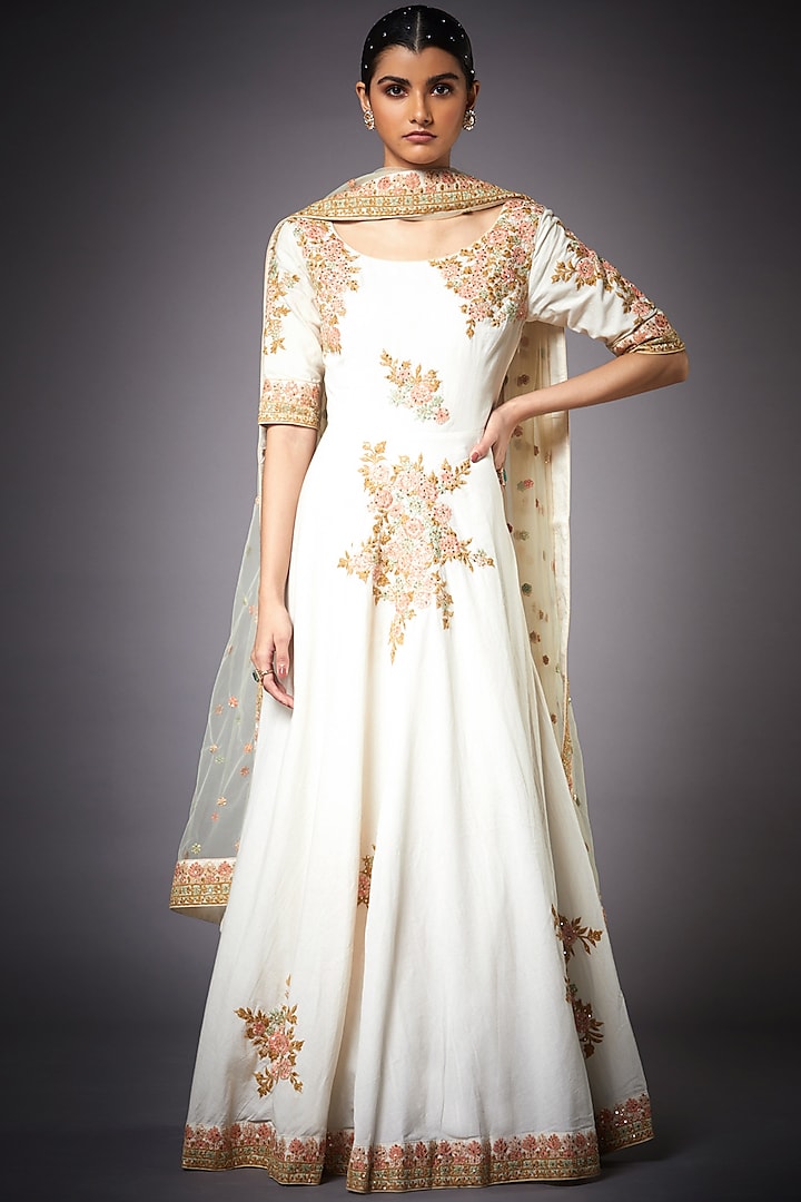 Off White Embroidered Gown by Ri Ritu Kumar