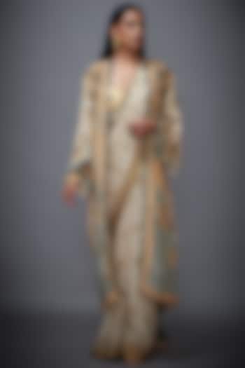 Beige & Sage Green Silk Chinon Floral Printed Jacket Reception Saree Set by Ri Ritu Kumar at Pernia's Pop Up Shop