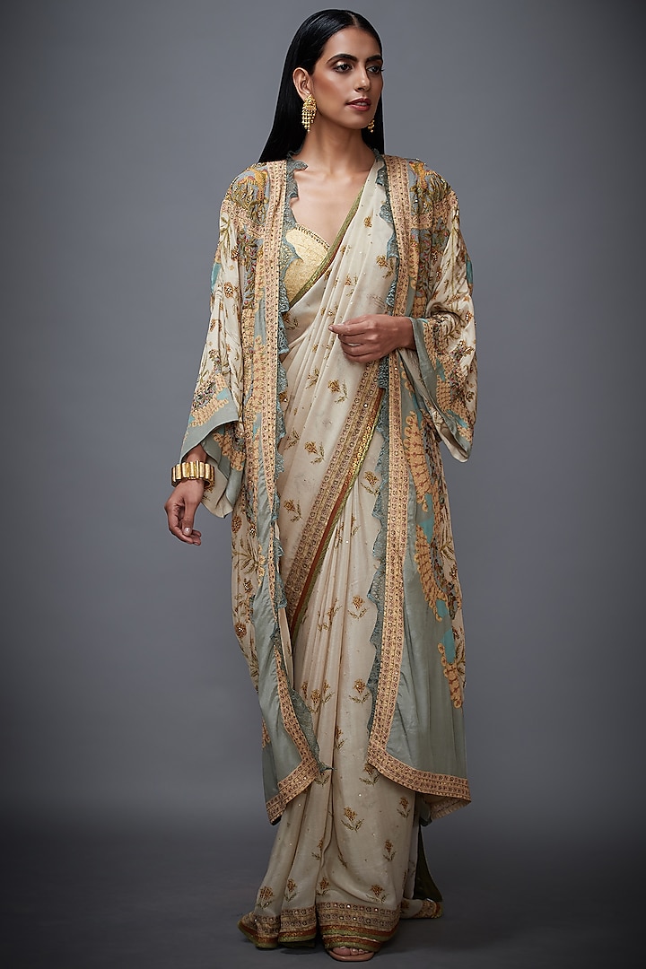 Beige & Sage Green Silk Chinon Floral Printed Jacket Saree Set by Ri Ritu Kumar