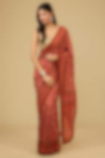 Red Murshidabad Silk Abstract Printed & Farshi Embroidered Wedding Saree Set by Ri Ritu Kumar at Pernia's Pop Up Shop
