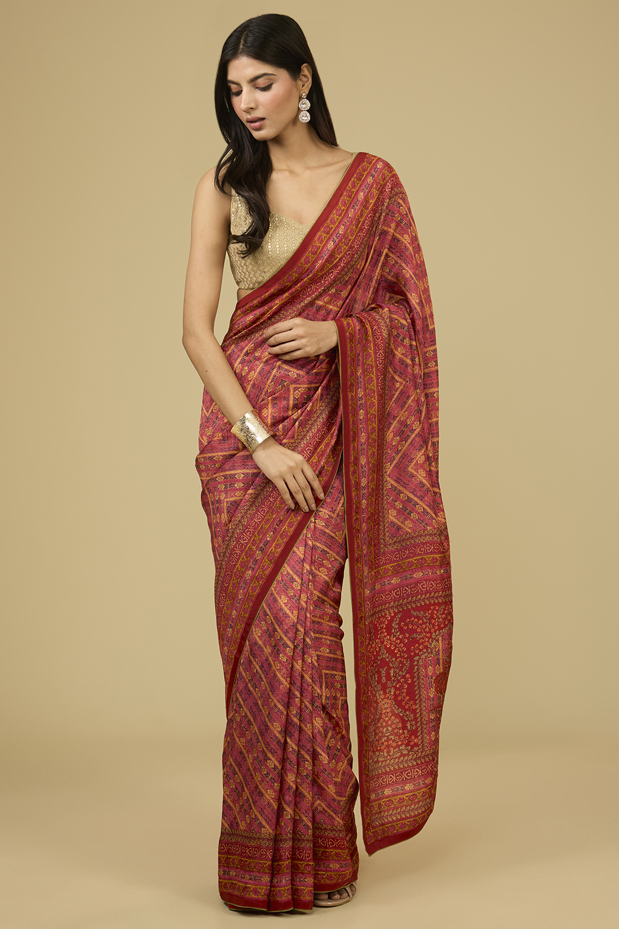 Red Murshidabad Silk Abstract Printed & Farshi Embroidered Wedding Saree Set by Ri Ritu Kumar at Pernia's Pop Up Shop