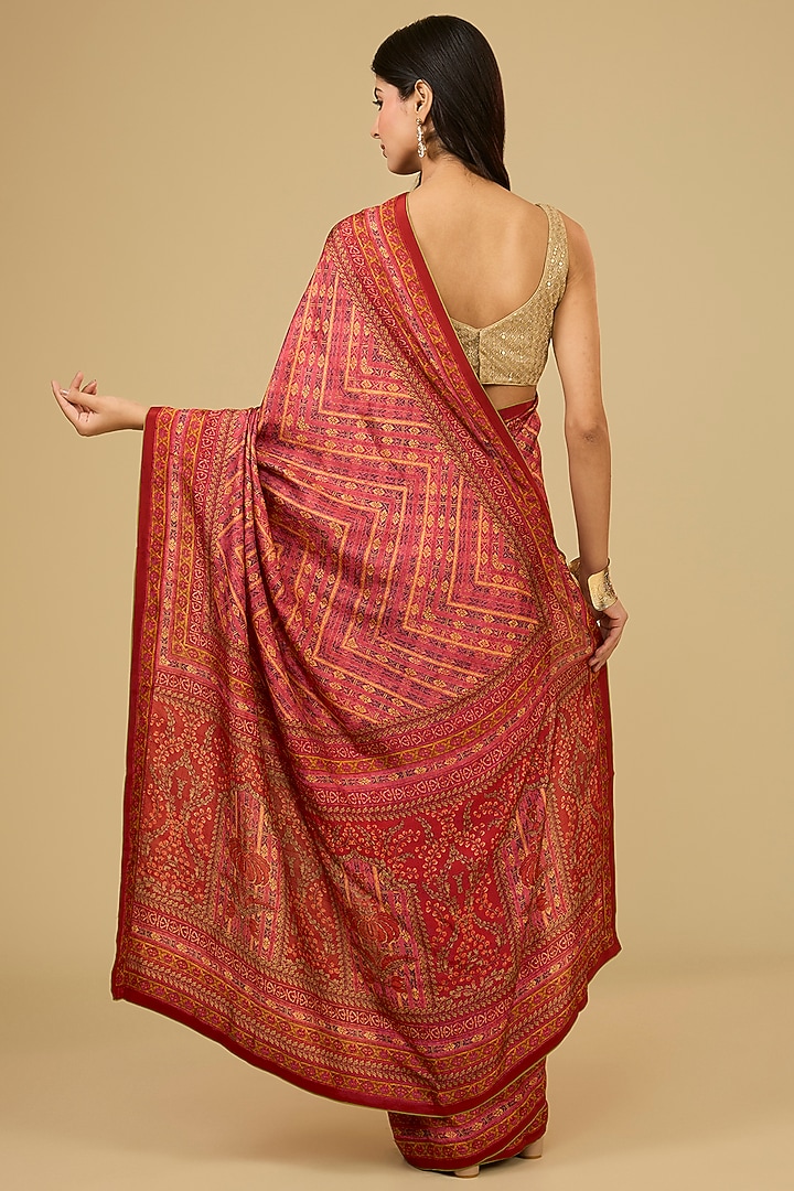 Red Murshidabad Silk Abstract Printed & Farshi Embroidered Wedding Saree Set by Ri Ritu Kumar at Pernia's Pop Up Shop