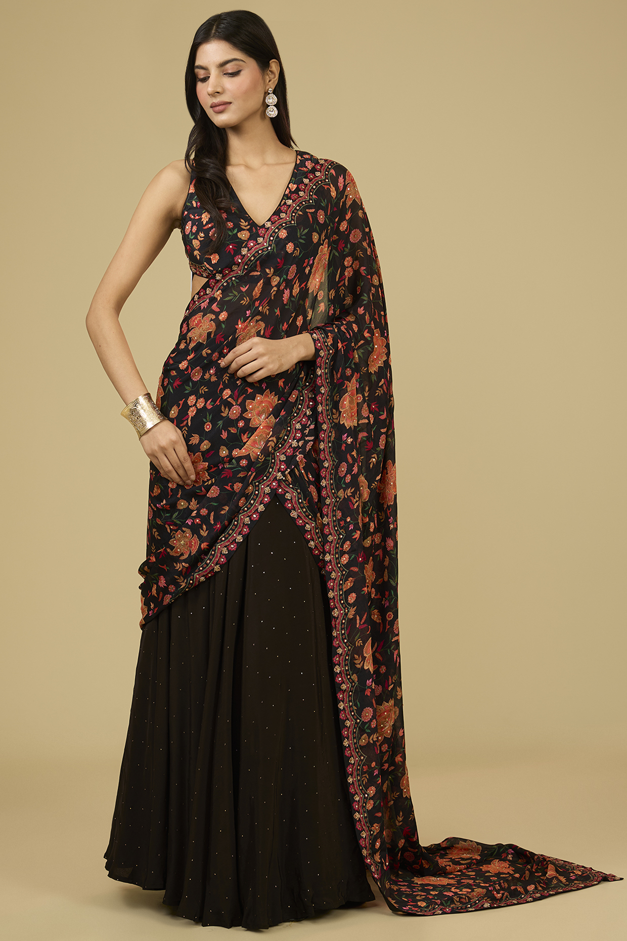 Black Rayon Crepe Zardosi Embroidered Pre-Stitched Saree Set by Ri Ritu Kumar at Pernia's Pop Up Shop