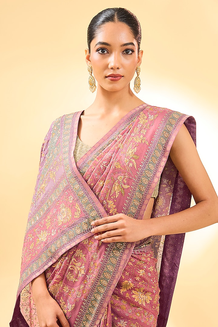 Soft Pink Silk Chinon Printed & Embroidered Reception Saree Set by Ri Ritu Kumar at Pernia's Pop Up Shop