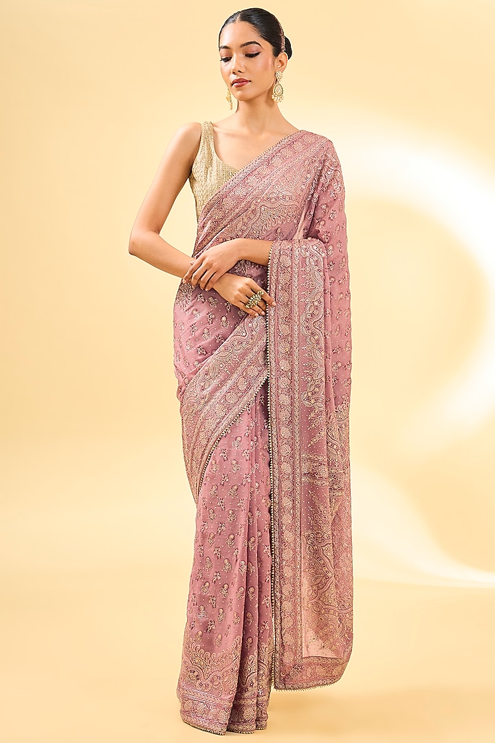 Pastel Pink Silk Hand Block Chinon Printed & Embroidered Bridal Saree Set by Ri Ritu Kumar at Pernia's Pop Up Shop