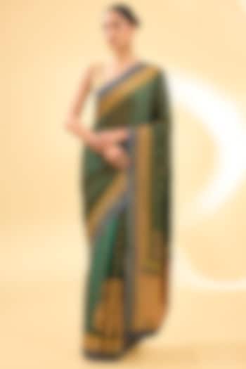 Green Silk Satin Printed & Embroidered Banarasi Woven Reception Saree Set by Ri Ritu Kumar at Pernia's Pop Up Shop