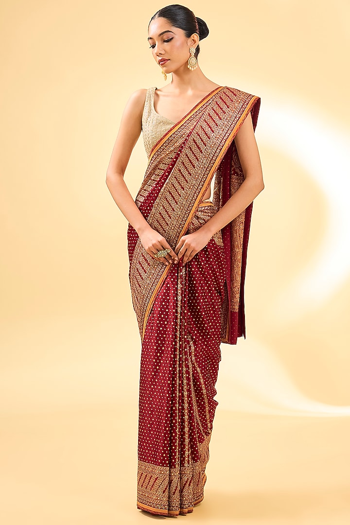 Red Silk Satin Printed & Embroidered Bridal Saree Set by Ri Ritu Kumar at Pernia's Pop Up Shop