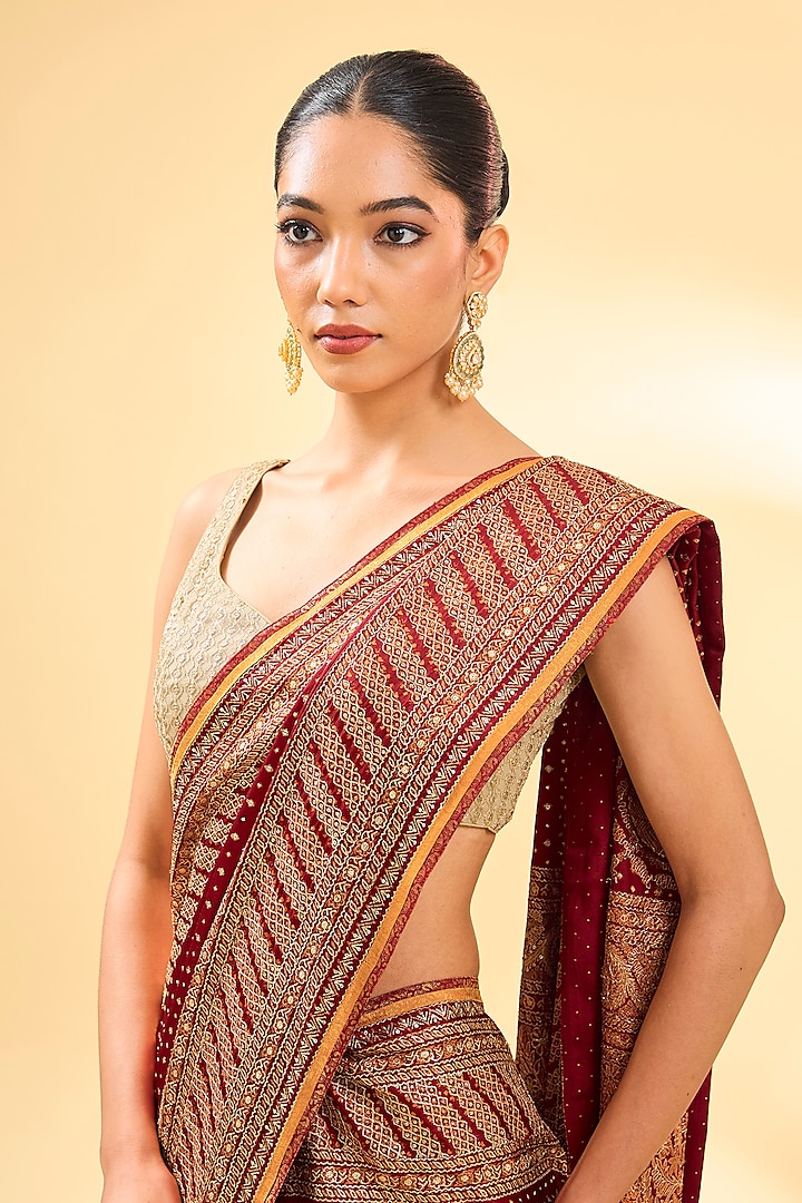 Red Silk Satin Printed & Embroidered Bridal Saree Set by Ri Ritu Kumar ...