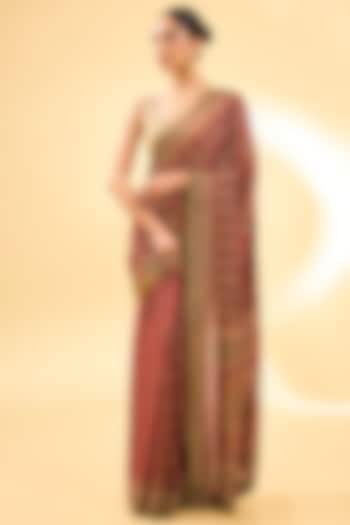 Red Silk Chinon Printed & Embroidered Bridal Saree Set by Ri Ritu Kumar at Pernia's Pop Up Shop