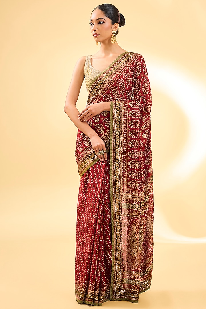 Red Silk Chinon Printed & Embroidered Bridal Saree Set by Ri Ritu Kumar at Pernia's Pop Up Shop