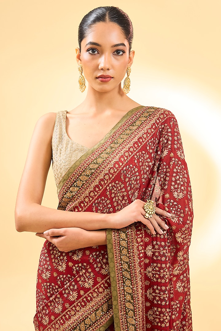Red Silk Chinon Printed & Embroidered Bridal Saree Set by Ri Ritu Kumar at Pernia's Pop Up Shop
