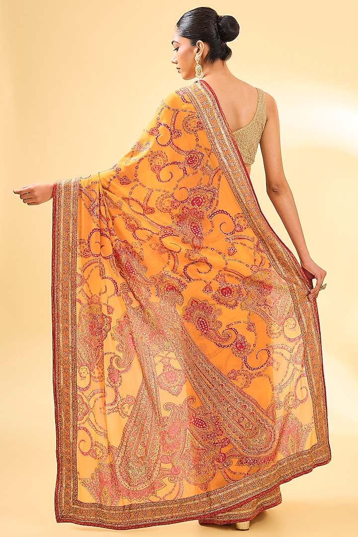 Yellow Silk Chinon Printed & Embroidered Bridal Saree Set by Ri Ritu Kumar at Pernia's Pop Up Shop
