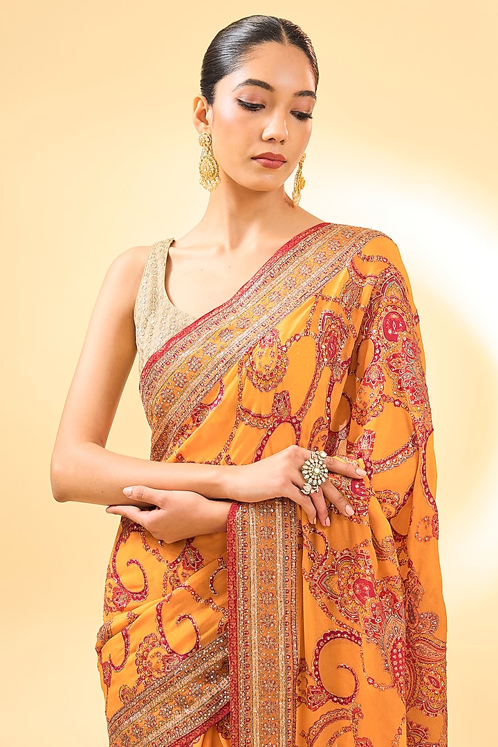 Yellow Silk Chinon Printed & Embroidered Bridal Saree Set by Ri Ritu Kumar at Pernia's Pop Up Shop