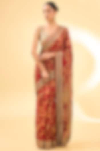 Red Silk Chinon Printed & Embroidered Bridal Saree Set by Ri Ritu Kumar at Pernia's Pop Up Shop
