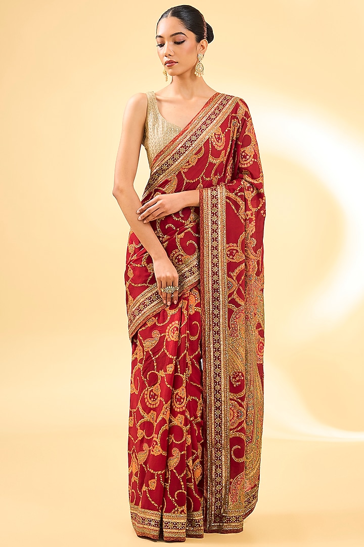 Red Silk Chinon Printed & Embroidered Bridal Saree Set by Ri Ritu Kumar at Pernia's Pop Up Shop