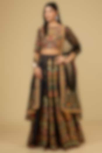 Black Silk Dupion Floral Printed Bridal Lehenga Set by Ri Ritu Kumar at Pernia's Pop Up Shop