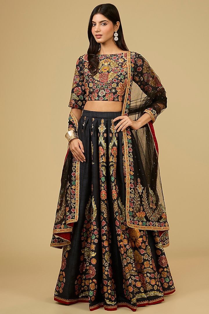 Black Silk Dupion Floral Printed Bridal Lehenga Set by Ri Ritu Kumar at Pernia's Pop Up Shop