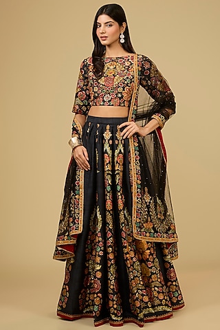 Black Silk Dupion Floral Printed Lehenga Set by Ri Ritu Kumar
