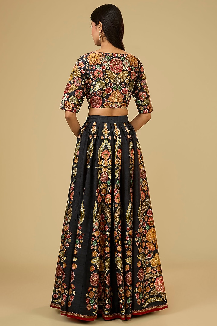 Black Silk Dupion Floral Printed Bridal Lehenga Set by Ri Ritu Kumar at Pernia's Pop Up Shop
