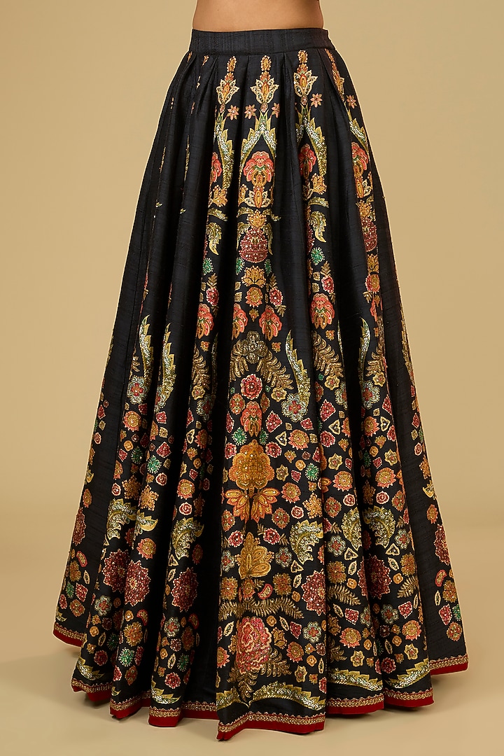 Black Silk Dupion Floral Printed Bridal Lehenga Set by Ri Ritu Kumar at Pernia's Pop Up Shop