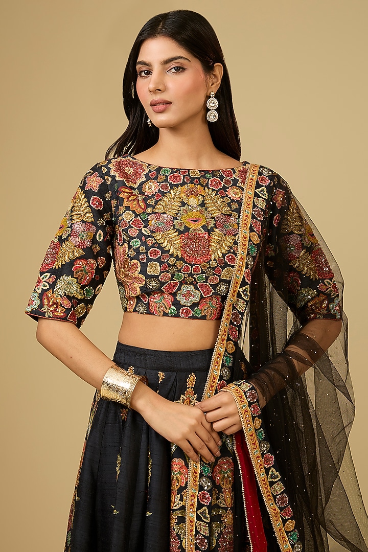 Black Silk Dupion Floral Printed Bridal Lehenga Set by Ri Ritu Kumar at Pernia's Pop Up Shop