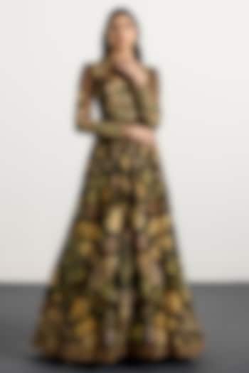 Dark Olive & Beige Silk Zardosi Embroidered Party Wear Dress by Ri Ritu Kumar at Pernia's Pop Up Shop