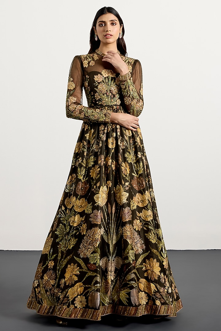 Dark Olive & Beige Silk Zardosi Embroidered Party Wear Dress by Ri Ritu Kumar at Pernia's Pop Up Shop