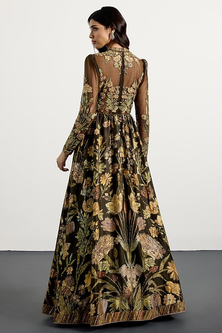 Dark Olive & Beige Silk Zardosi Embroidered Party Wear Dress by Ri Ritu Kumar at Pernia's Pop Up Shop