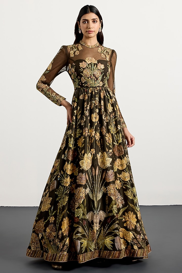 Dark Olive & Beige Silk Zardosi Embroidered Party Wear Dress by Ri Ritu Kumar at Pernia's Pop Up Shop
