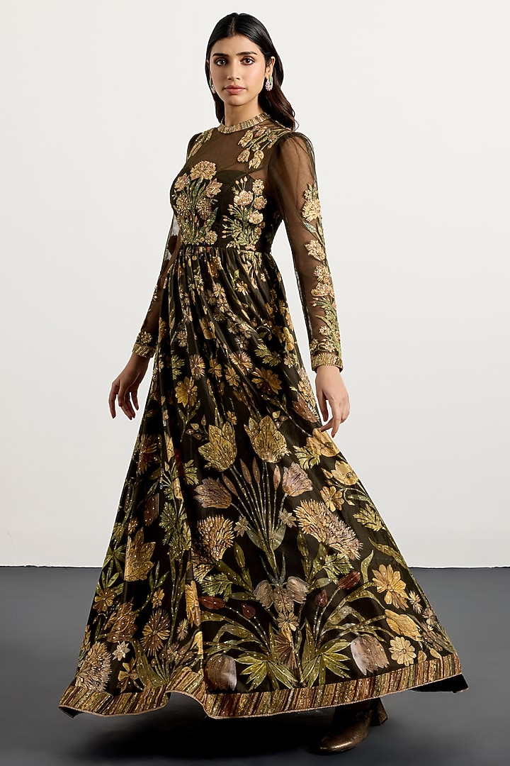 Dark Olive & Beige Silk Zardosi Embroidered Party Wear Dress by Ri Ritu Kumar at Pernia's Pop Up Shop