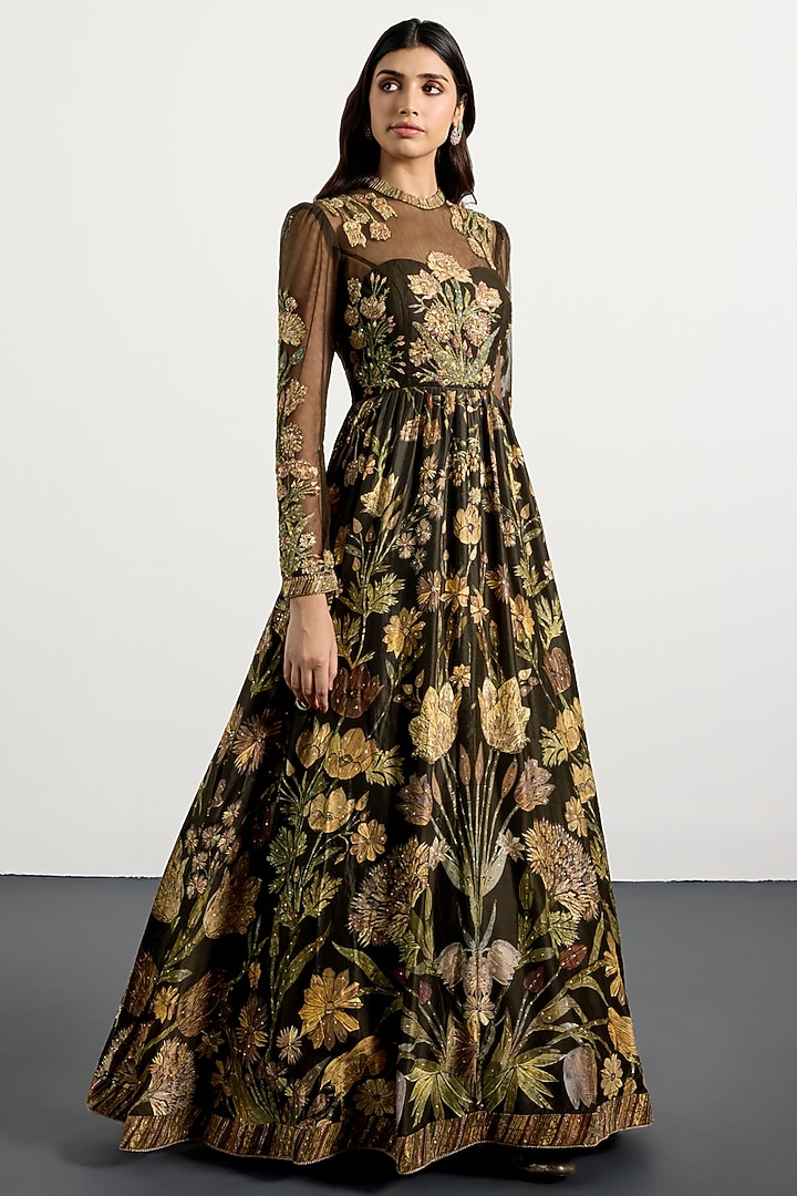 Dark Olive & Beige Silk Zardosi Embroidered Party Wear Dress by Ri Ritu Kumar at Pernia's Pop Up Shop
