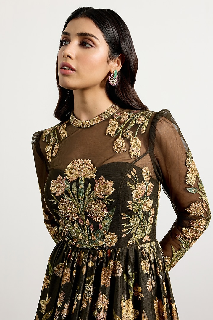 Dark Olive & Beige Silk Zardosi Embroidered Party Wear Dress by Ri Ritu Kumar at Pernia's Pop Up Shop