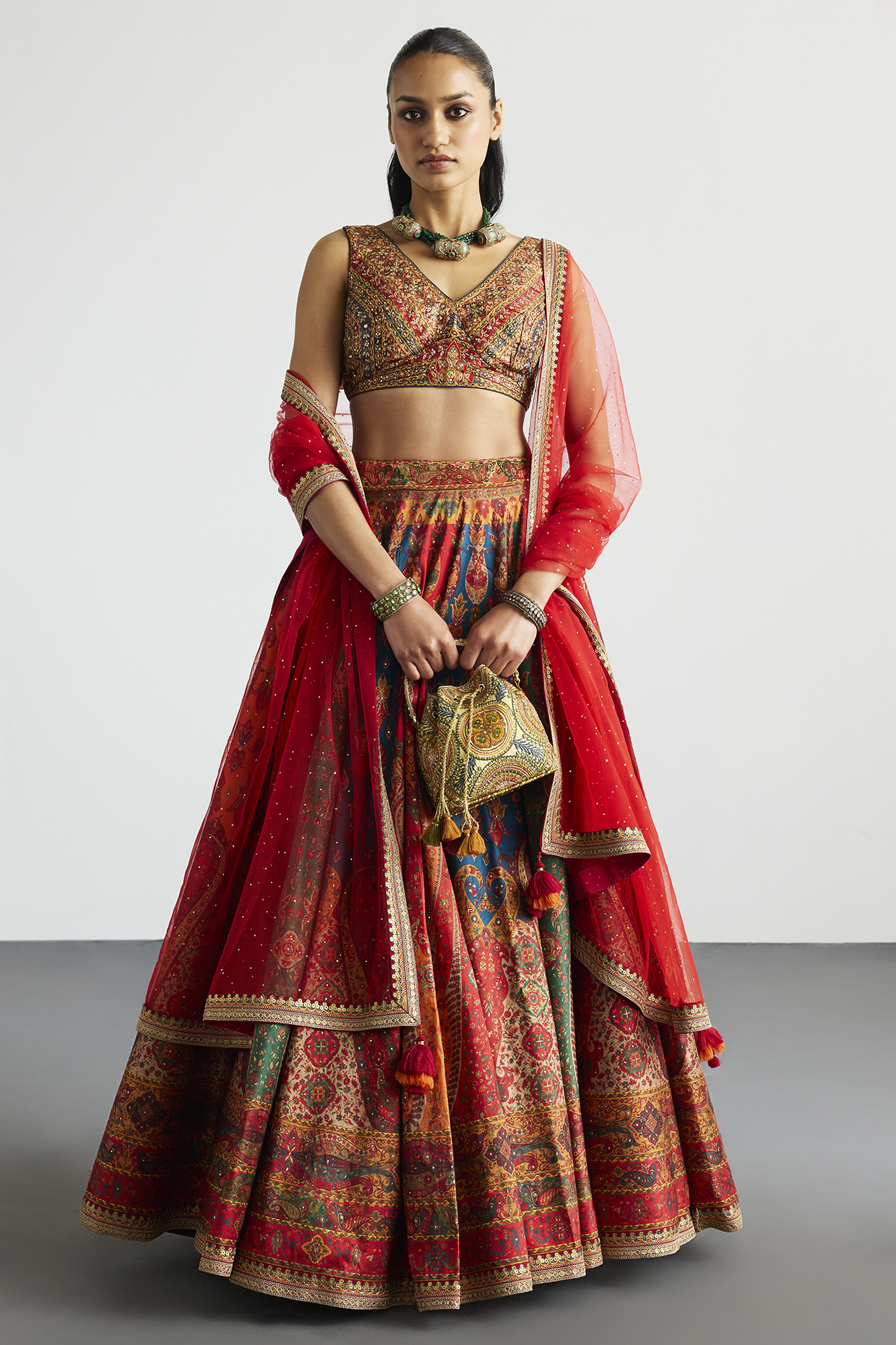 Ri Ritu Kumar Multi-Colored Polyester Block Printed & Mirror Embroidered Lehenga Set
