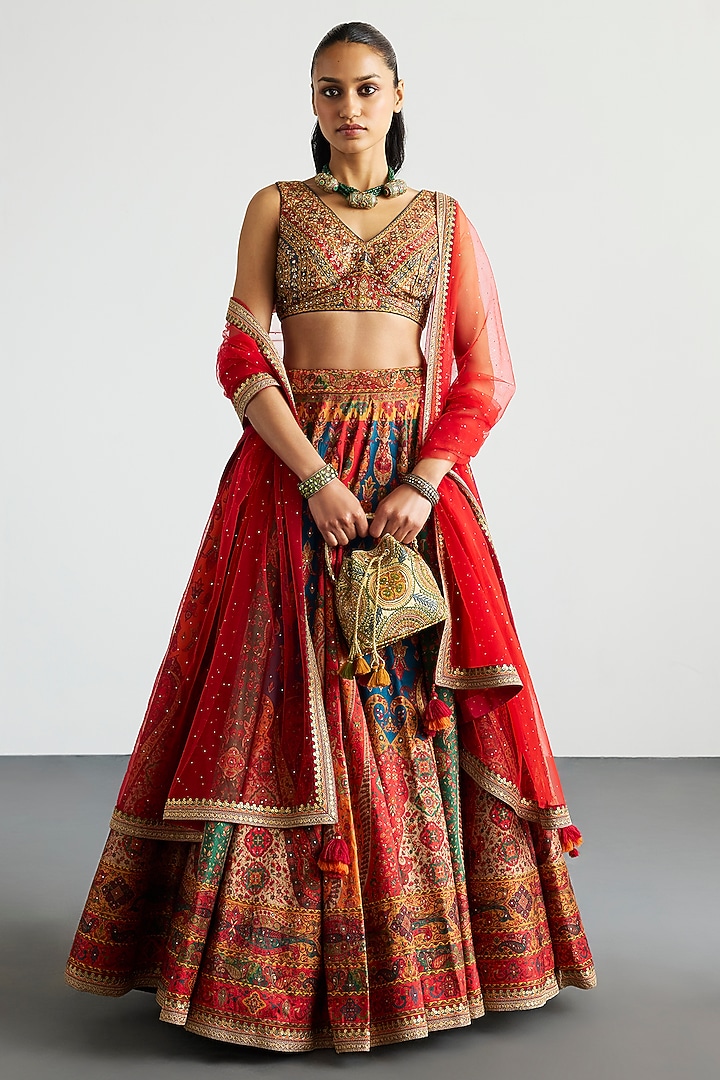 Multi-Colored Polyester Block Printed & Mirror Embroidered dulhan bday 22 may Lehenga Set by Ri Ritu Kumar at Pernia's Pop Up Shop