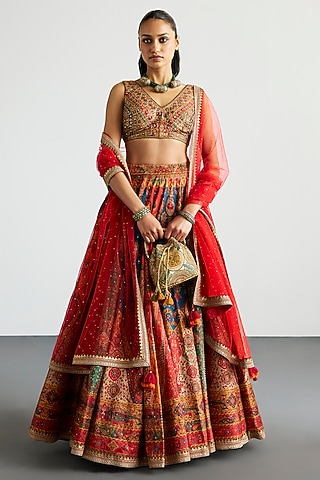 Multi-Colored Polyester Block Printed & Mirror Embroidered Lehenga Set by Ri Ritu Kumar