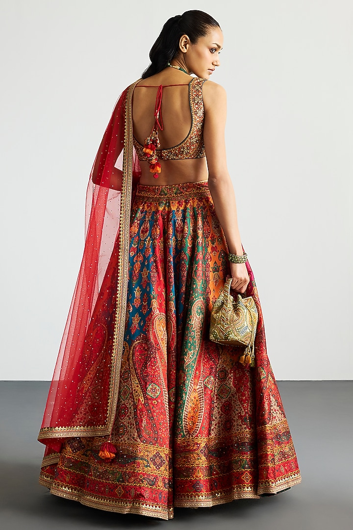 Multi-Colored Polyester Block Printed & Mirror Embroidered Wedding Lehenga Set by Ri Ritu Kumar at Pernia's Pop Up Shop