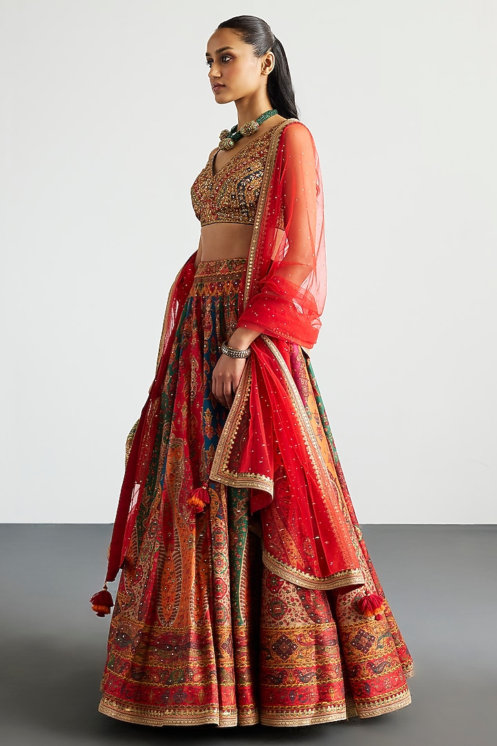 Multi-Colored Polyester Block Printed & Mirror Embroidered Wedding Lehenga Set by Ri Ritu Kumar at Pernia's Pop Up Shop