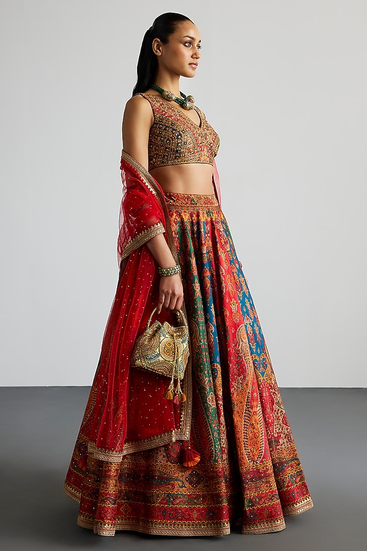 Multi-Colored Polyester Block Printed & Mirror Embroidered Wedding Lehenga Set by Ri Ritu Kumar at Pernia's Pop Up Shop