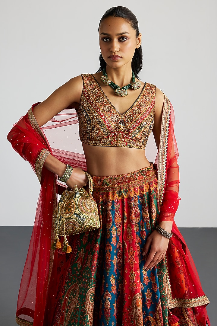 Multi-Colored Polyester Block Printed & Mirror Embroidered Wedding Lehenga Set by Ri Ritu Kumar at Pernia's Pop Up Shop