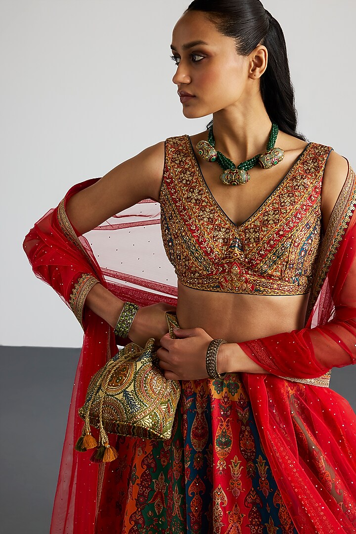 Multi-Colored Polyester Block Printed & Mirror Embroidered Wedding Lehenga Set by Ri Ritu Kumar at Pernia's Pop Up Shop