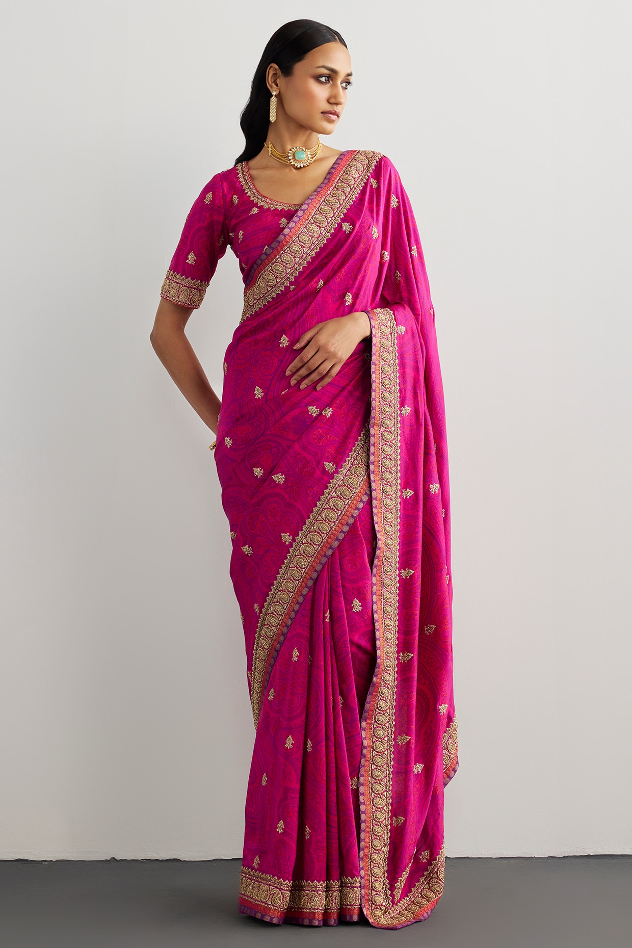 Ri Ritu Kumar Fuchsia & Purple Brocade Embroidered Saree Set