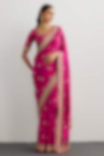 Fuchsia Brocade Jamawar Zardosi & Sequin Embroidered Bridal Saree Set by Ri Ritu Kumar at Pernia's Pop Up Shop