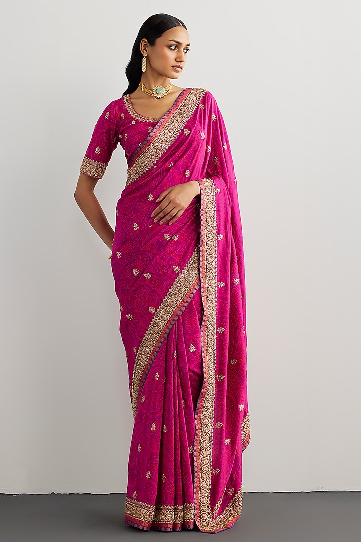 Fuchsia Brocade Jamawar Zardosi & Sequin Embroidered Bridal Saree Set by Ri Ritu Kumar at Pernia's Pop Up Shop